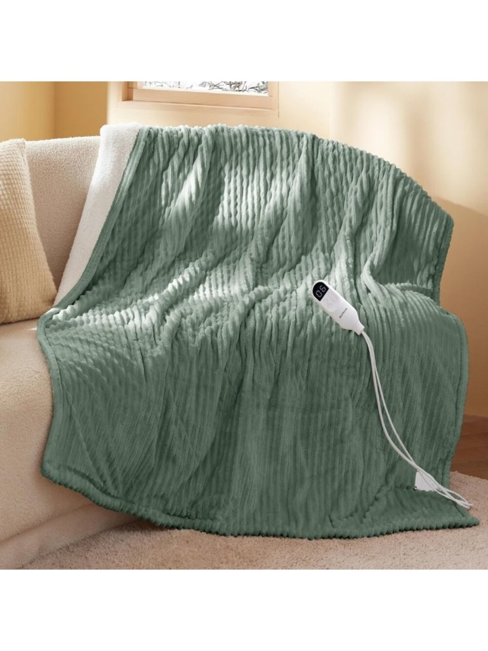 Cozy Green Ribbed Heated Throw Blanket - Electric, Preheat for Ultimate Warmth